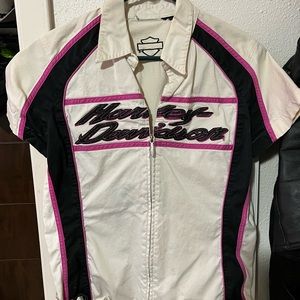Womens M Harley Davidson zip up mechanic shirt. White black and pink.